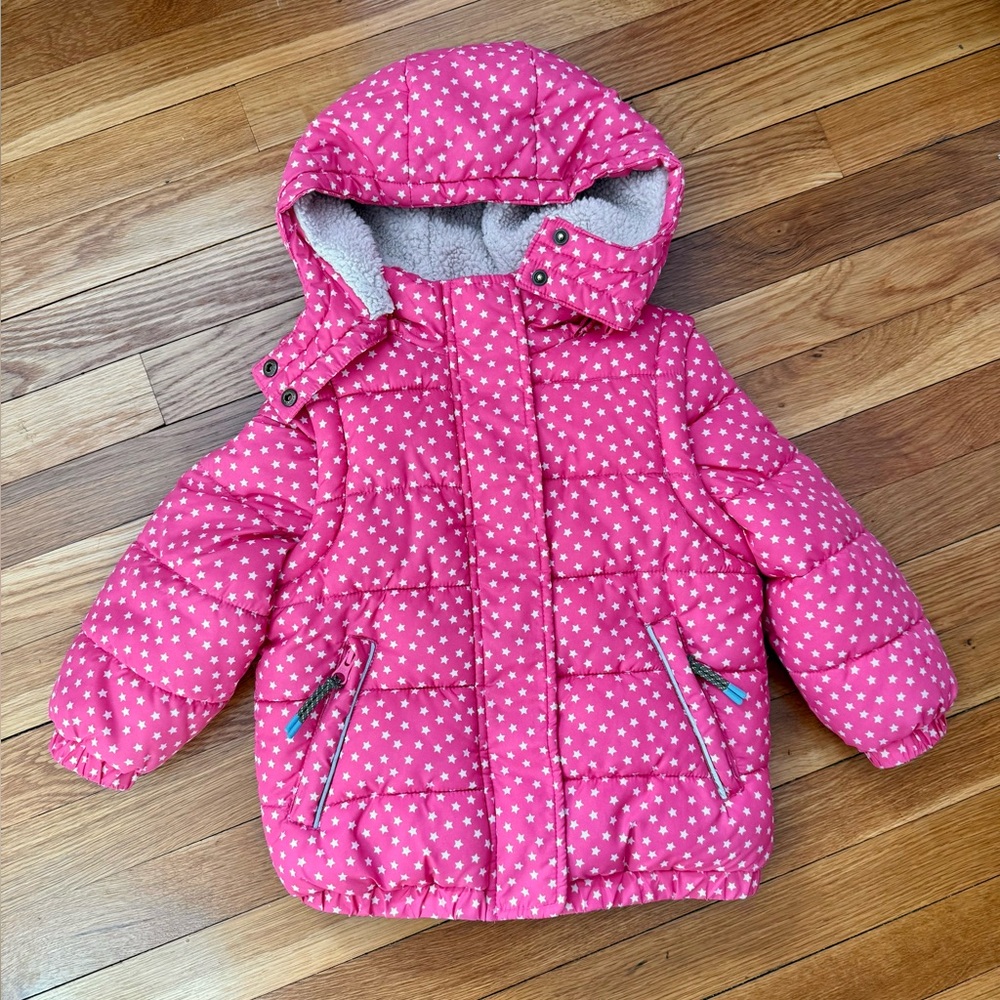 Mini Boden Girls’ 2-3Y Pink with White Stars Sherpa Lined 2 in 1 Hooded Jacket